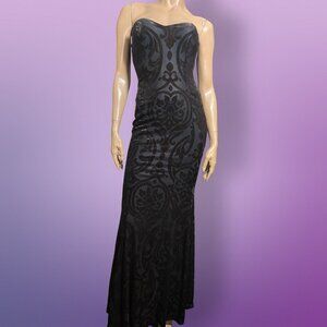 Y2K Maxi Dress Party Cocktail Size S Black Flocked Velvet Mermaid Fishtail